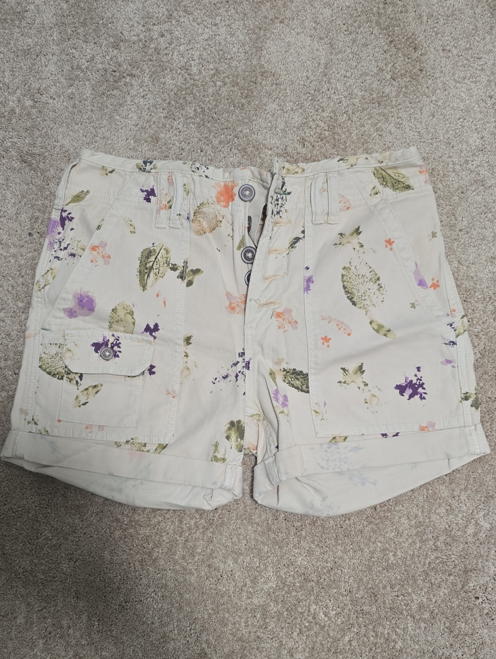 Pilcro Cream Floral Cargo Shorts with Purple and Green Accents